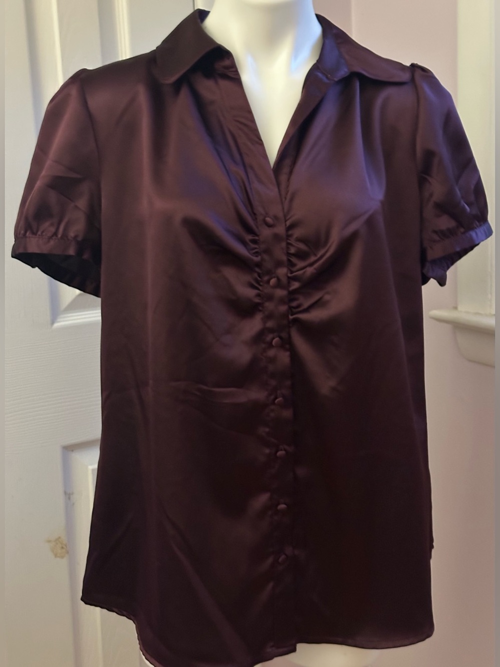APT. 9  Satin Deep Plum Collar V Neck Button Down  Short sleeves Blouse Sz 1X